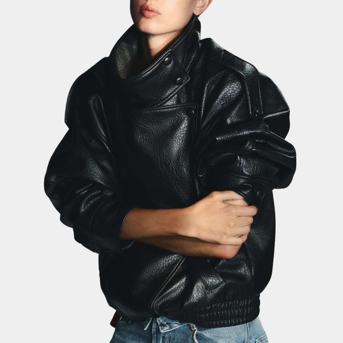 High Collar Faux Leather Jacket Paris - Black