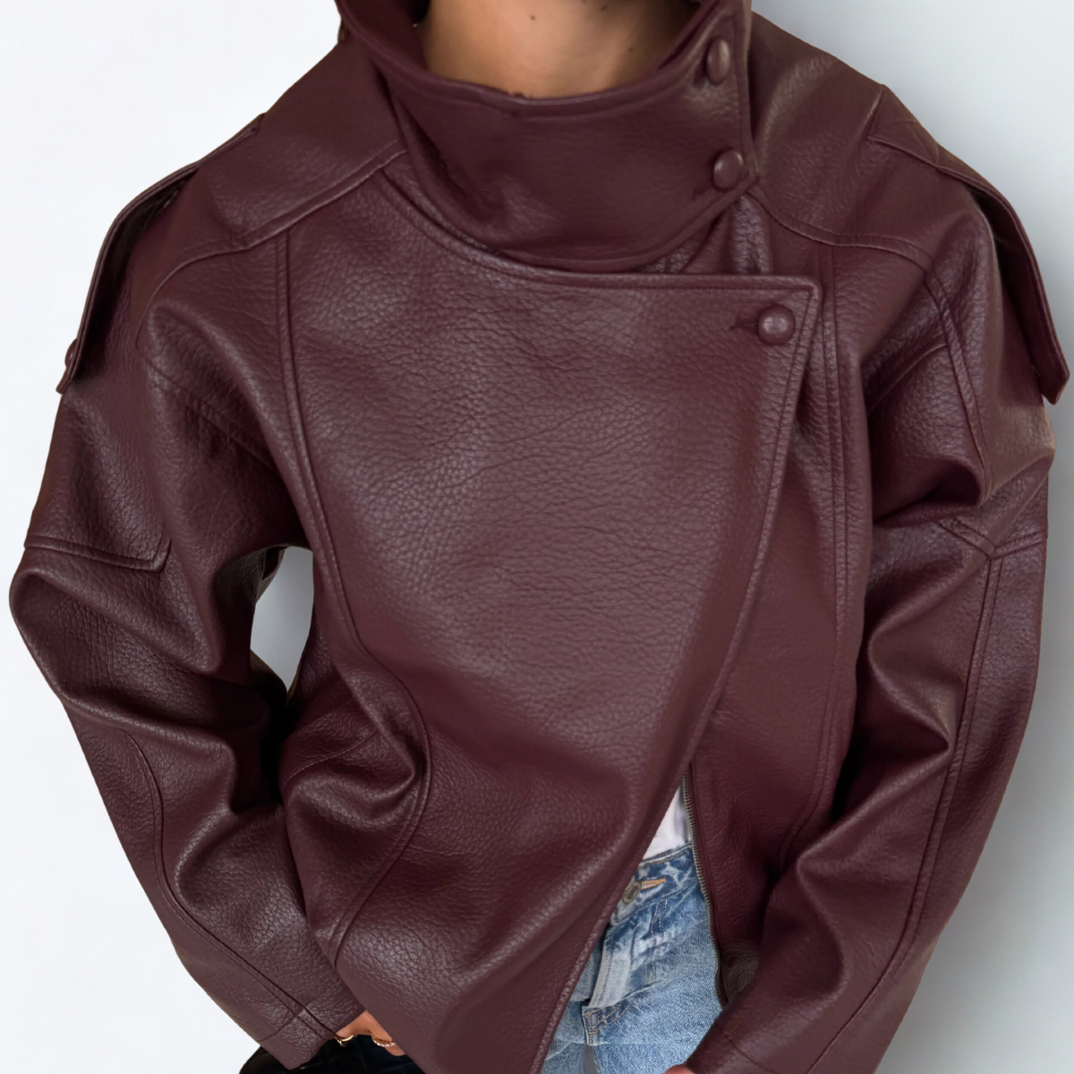 High Collar Faux Leather Jacket Paris - Red wine