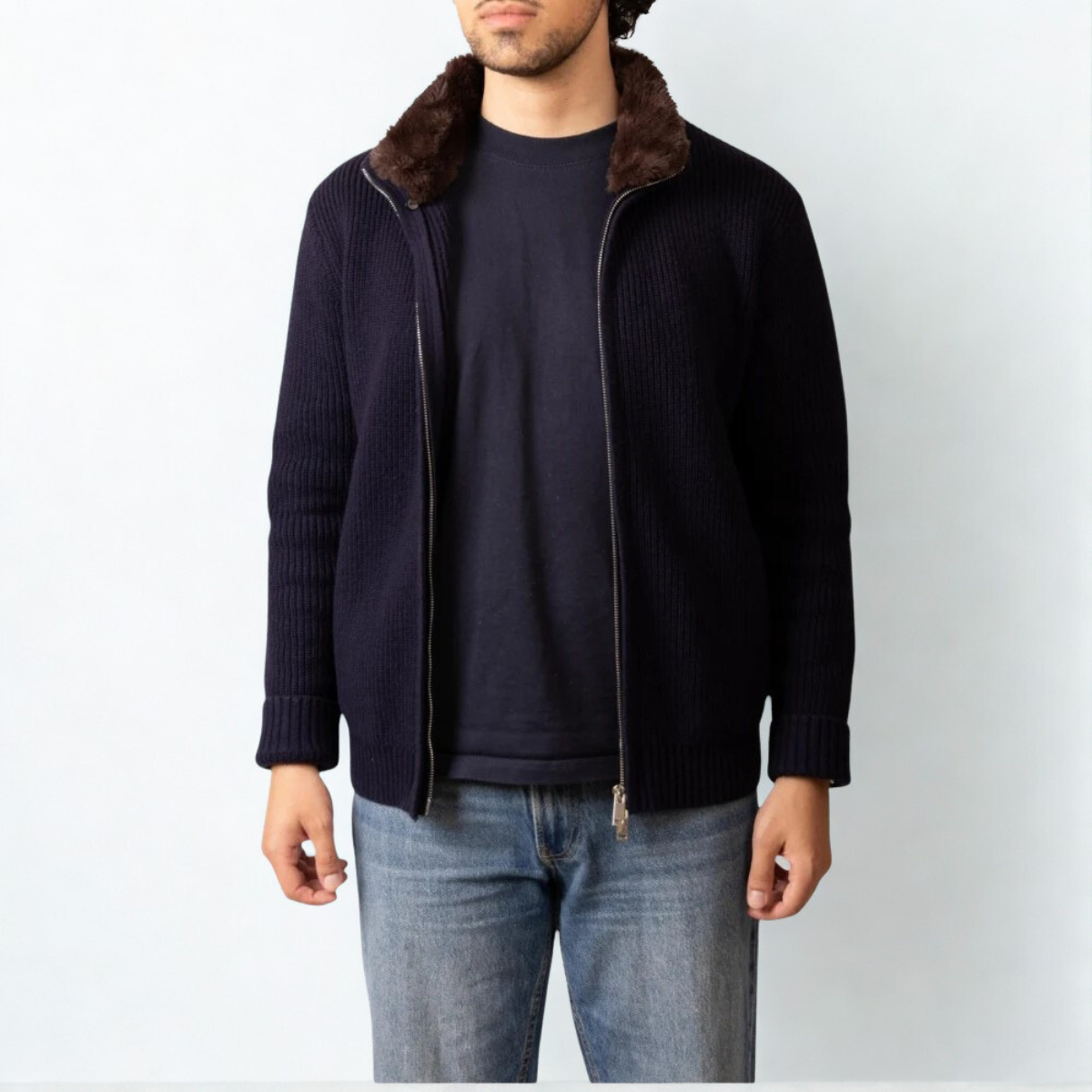 Fur Collar Wool Blouson Windsor - Navy Blue