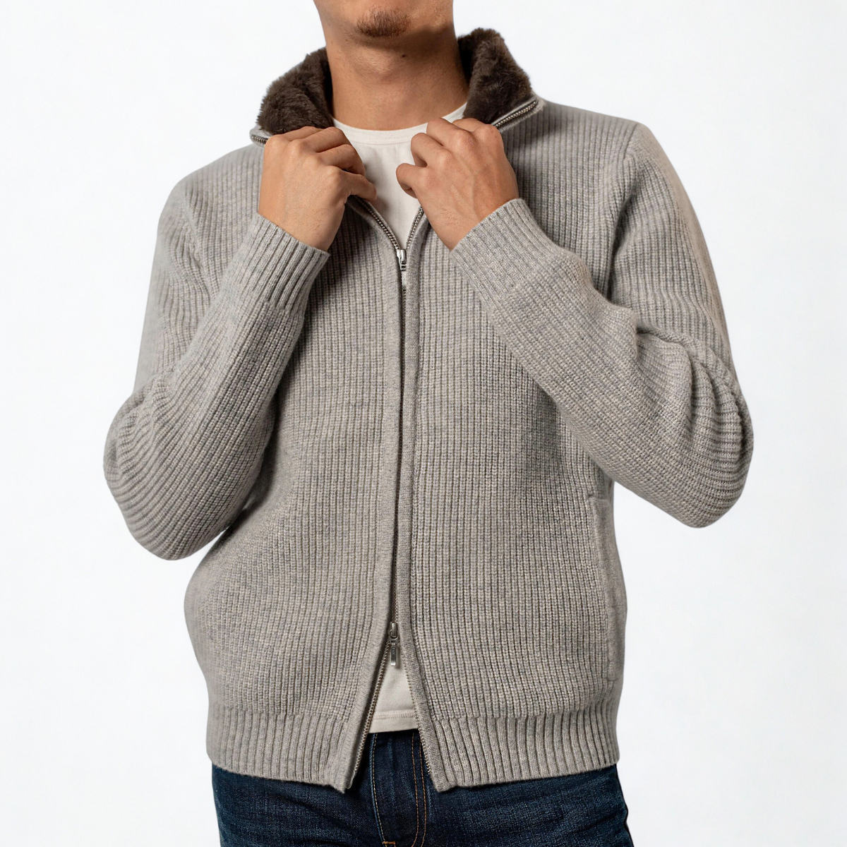 Fur Collar Wool Blouson Windsor - Grey