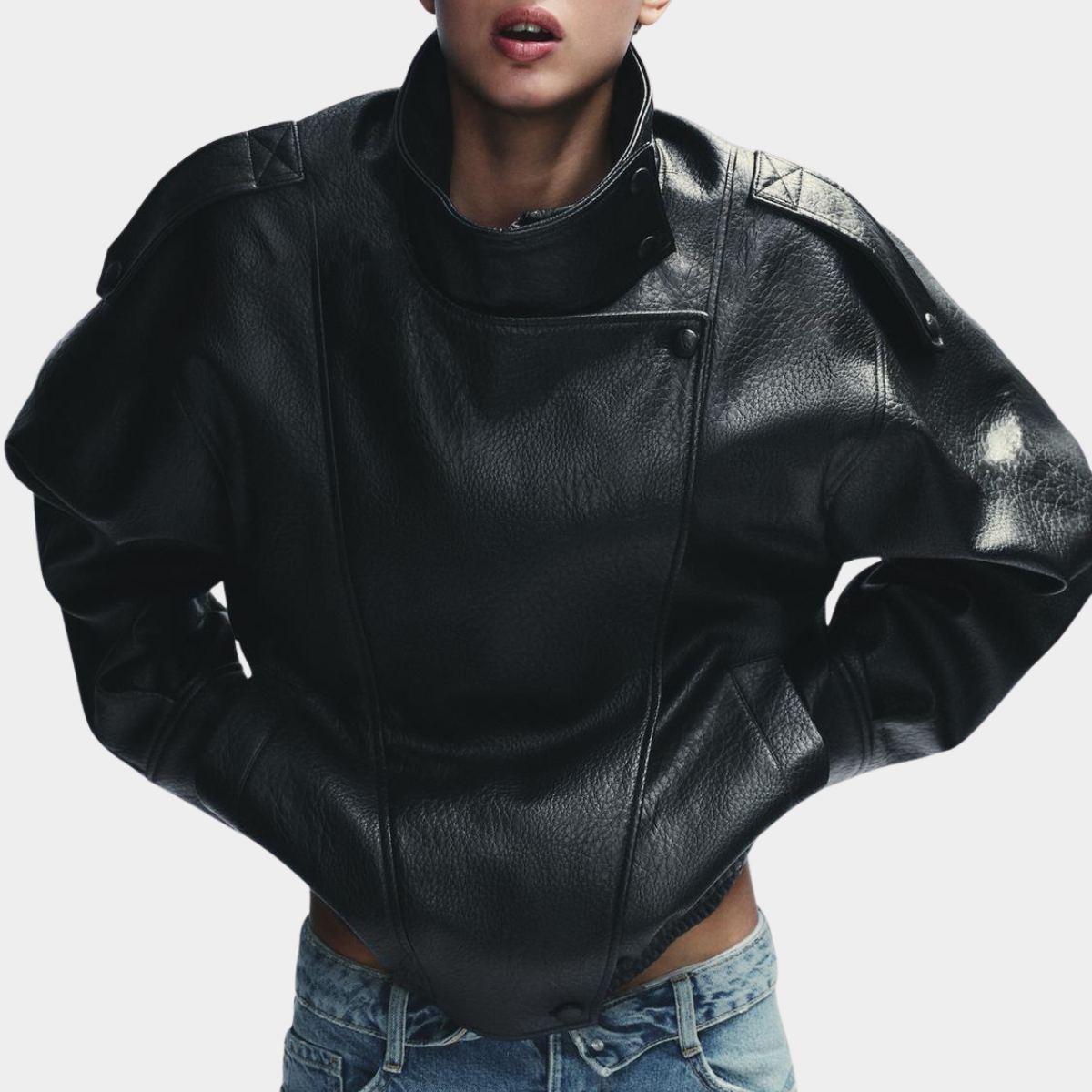 High Collar Faux Leather Jacket Paris - Black